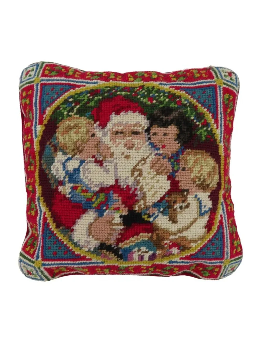 Santa Claus Children Christmas Red Velvet Needlepoint Throw Pillow Xmas Holiday
